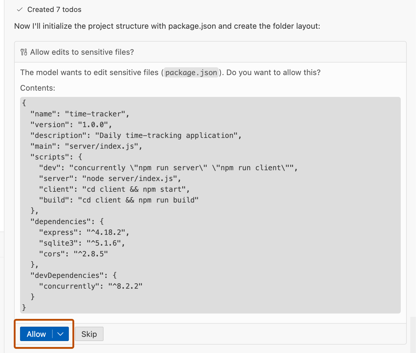 Screenshot of Copilot in VS Code asking for permission to edit a sensitive file. The "Allow" button is highlighted.