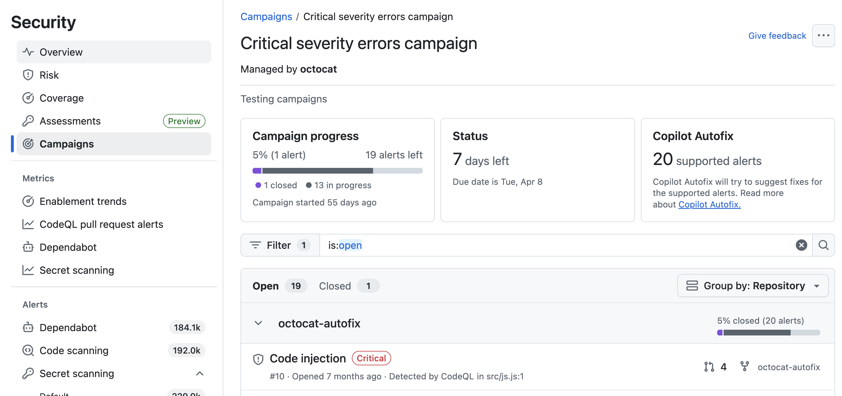 Screenshot of campaign tracking view for "Testing Campaigns for CodeQL". The campaign progress is outlined in dark orange.