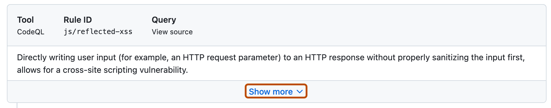 Screenshot of the details of a code scanning alert. A dropdown labeled "Show more" is outlined in orange.