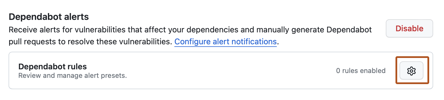 Screenshot of the "Advanced Security" page for a repository. The gear icon is highlighted with an orange outline.