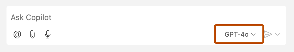 Screenshot of Copilot Chat with the model picker highlighted with a dark orange outline.