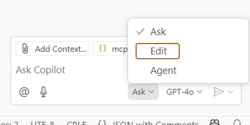Screenshot of the Copilot Chat agents dropdown. The "Edit" option is outlined in dark orange.