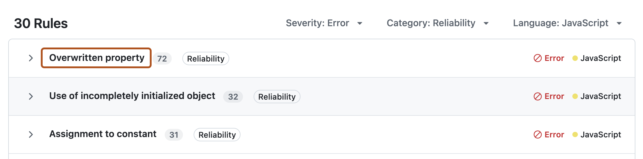 Screenshot showing a rule in the "Standard findings" view. The rule name is highlighted in dark orange.