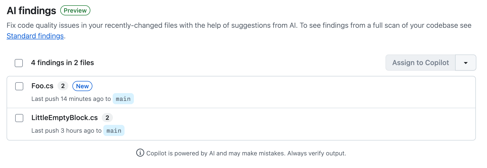Screenshot of the "AI findings" view for code quality.