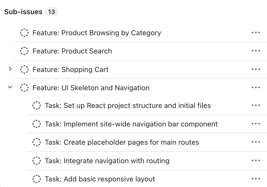 Screenshot of the Copilot Chat workbench. The workbench displays an issue tree with an epic at the top and several sub-issues beneath it.