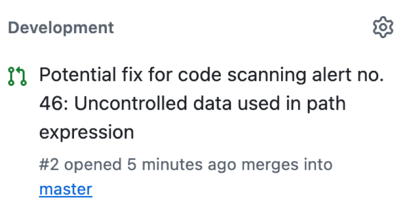 Screenshot of the "Development" section of a code scanning alert, includes a title of a pull request that could fix the alert.