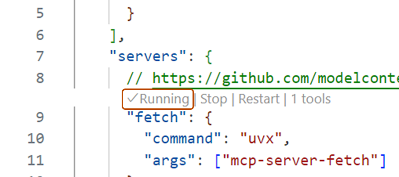 Screenshot of the MCP server configuration in Visual Studio Code. The "Running" status is outlined in dark orange.