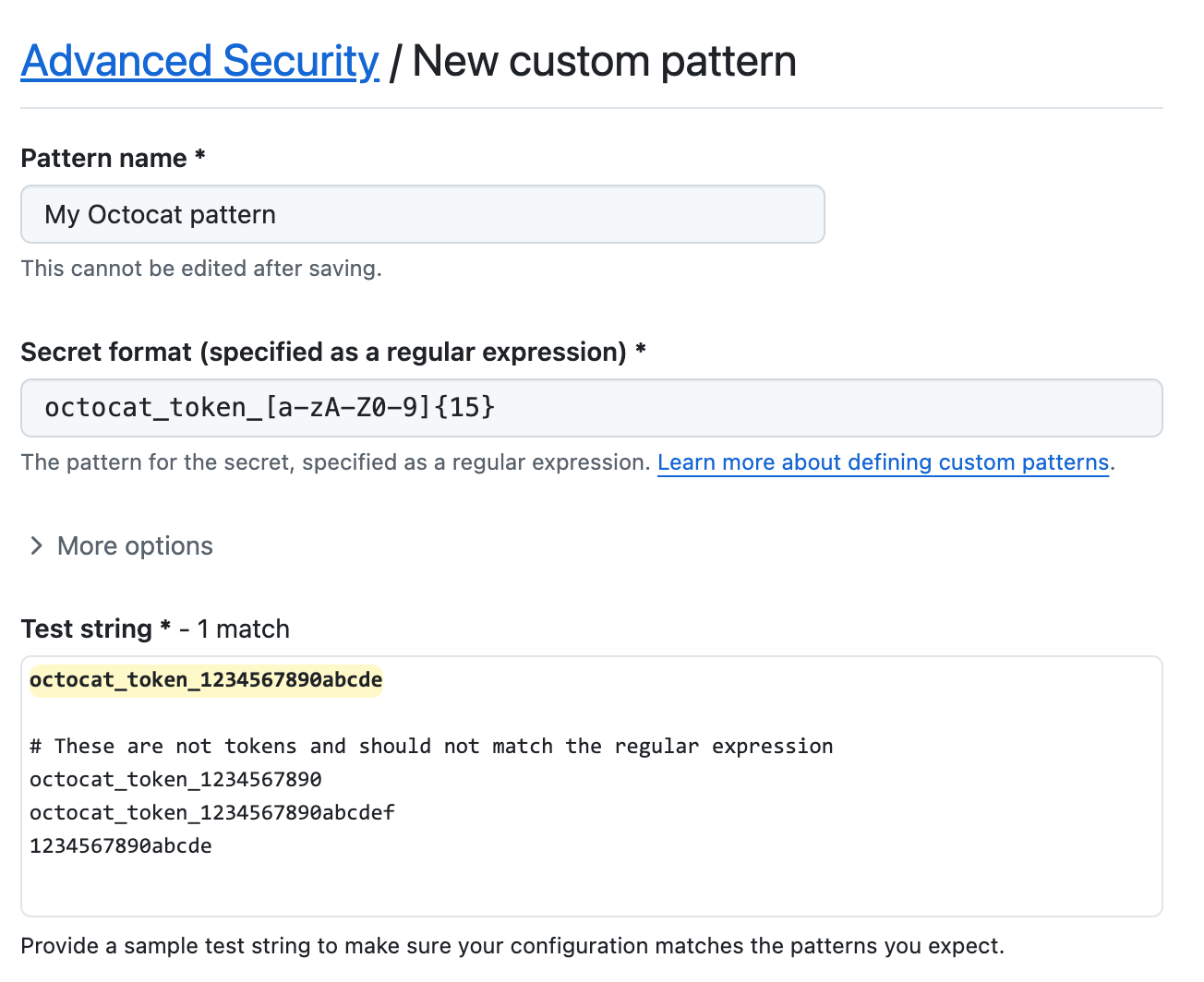Screenshot of a filled custom secret scanning pattern form.