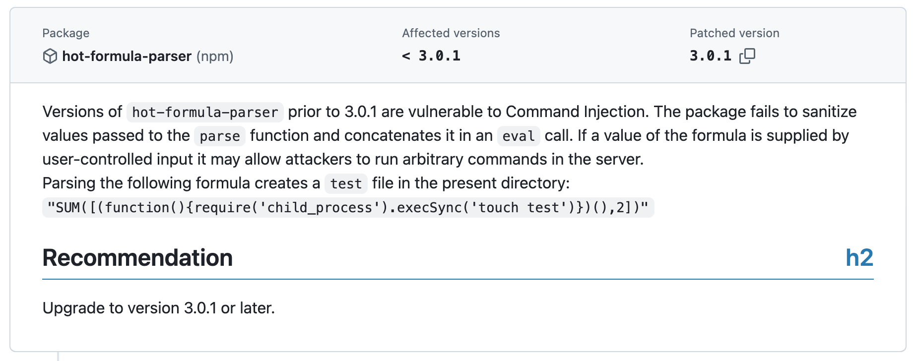 Screenshot of the vulnerability details section of a Dependabot alert.