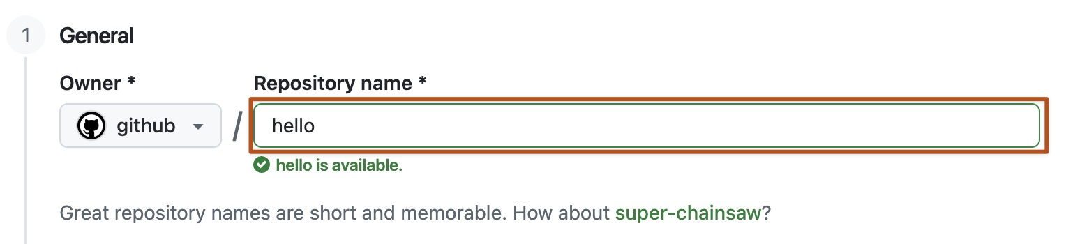Screenshot of the first step in creating a repository. The "Repository name" field contains the text "hello-world" and is outlined in dark orange.