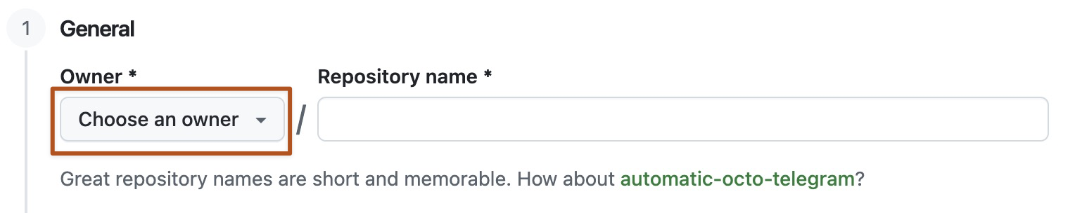 新 GitHub 存储库的所有者菜单的屏幕截图。 菜单显示两个选项:“octocat”和“github”。